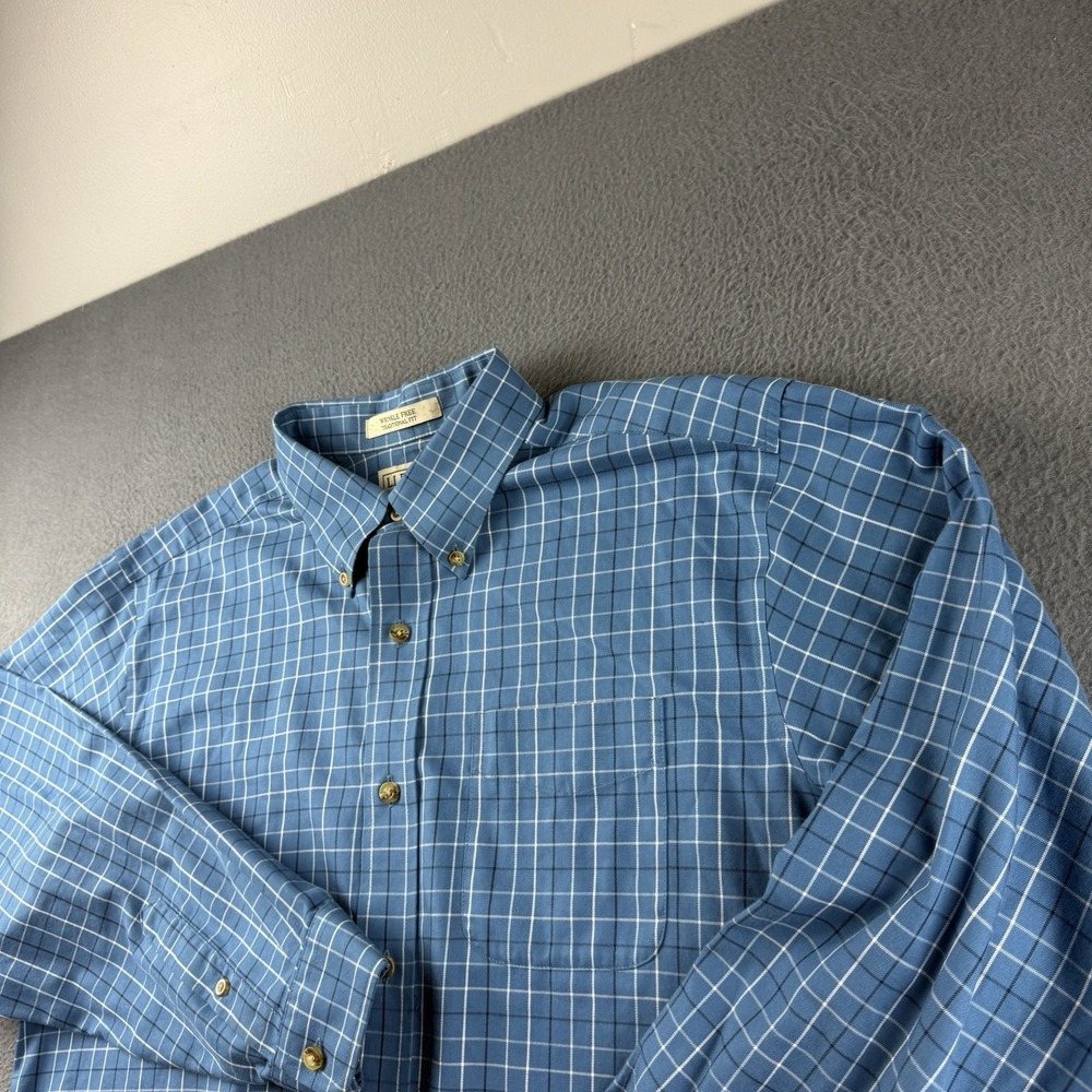 LL Bean Shirt Men's L Blue Plaid Oxford Wrinkle Resistant Dress Pocket Casual